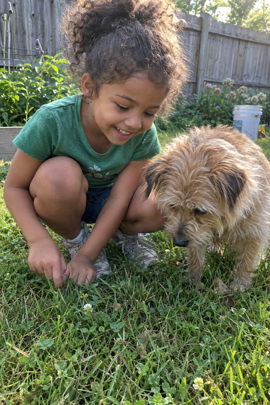 Example photo: a little girl crouching in the backyard grass beside her scruffy tan dog